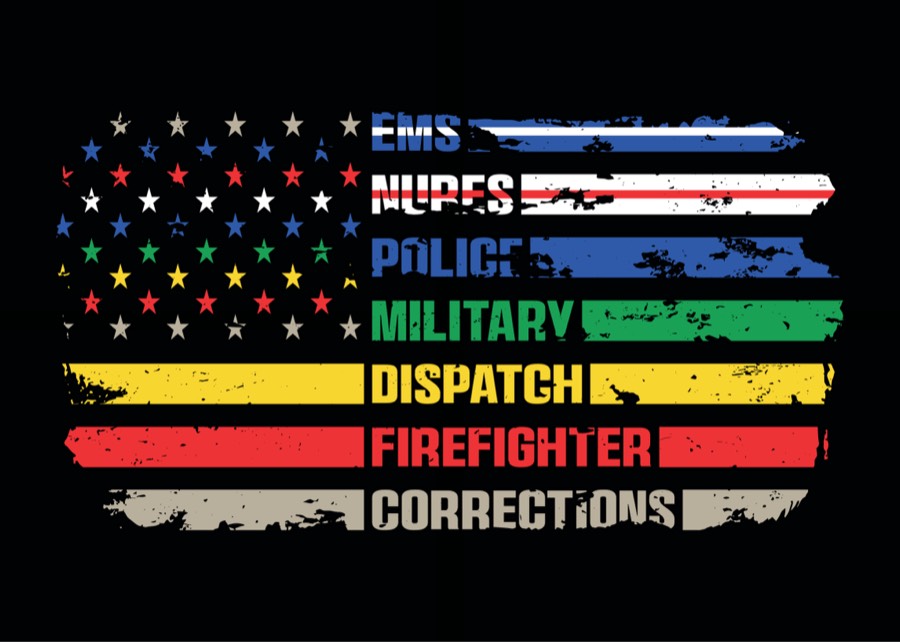 Distressed American flag with first responder thin line colors - EMS, Nurses, Police, Military, Dispatch, Firefighter, Corrections